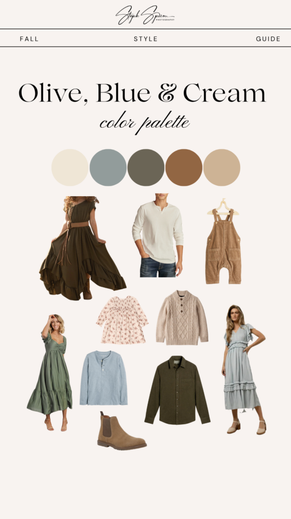 Olive, blue and cream fall family photo outfit ideas with dresses, sweaters and neutral children’s clothing.