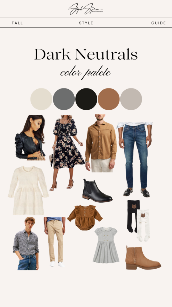 Dark neutral fall wardrobe inspiration with florals, denim, black boots, sweaters and outfits for coordinated family photos.