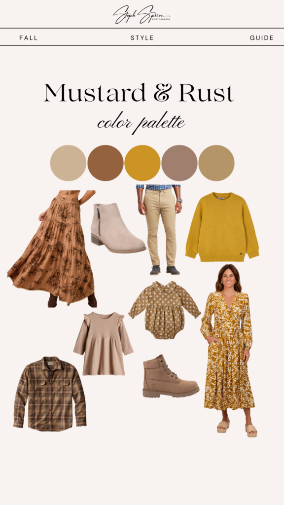 Mustard and rust fall photo outfit palette for Bergen County, NJ families with warm dresses and boots.