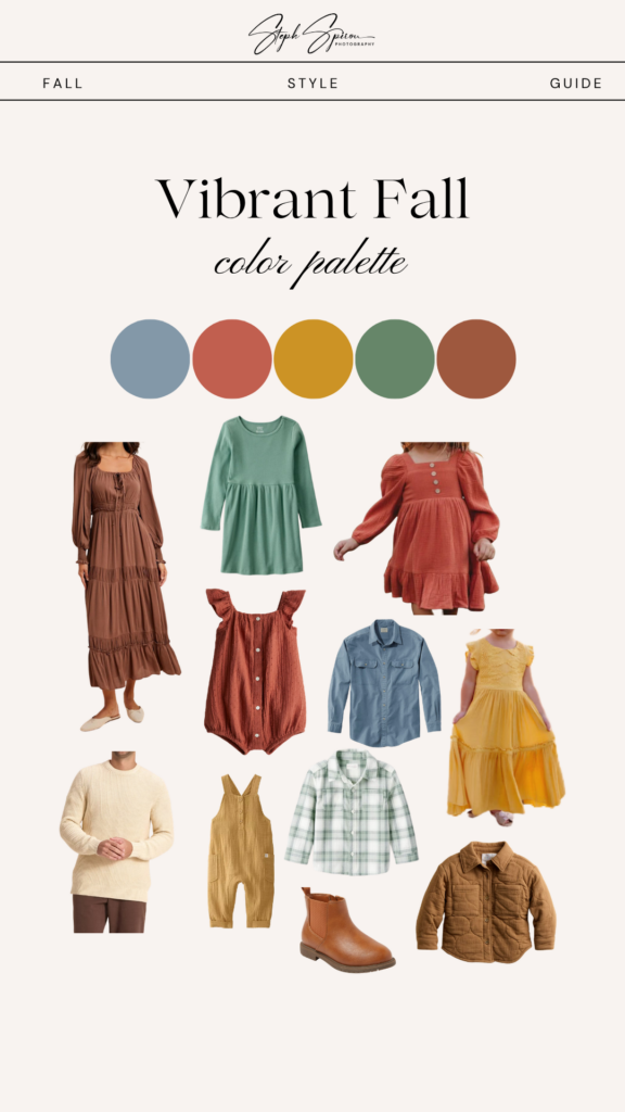 Vibrant fall family wardrobe ideas featuring jewel tones, cozy knits, plaid shirts and colorful children’s outfits.