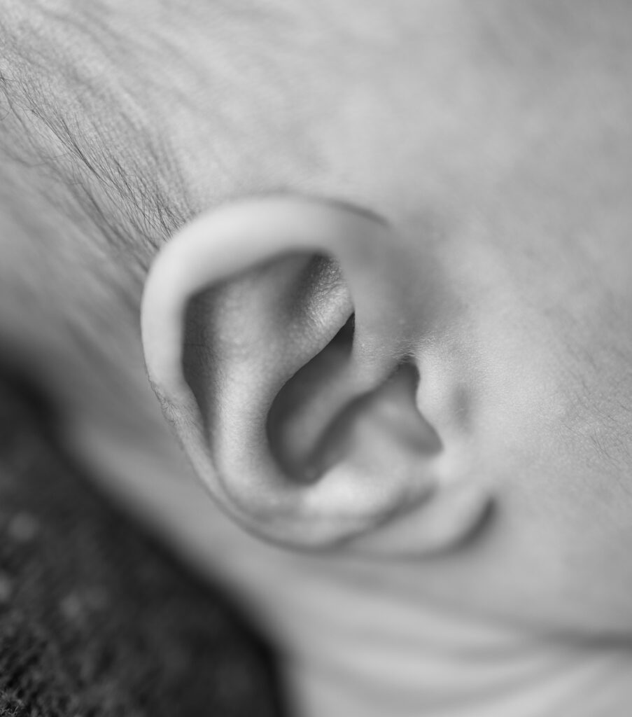 Black and white macro portrait of a newborn baby’s ear, showing delicate features and fine hair.
